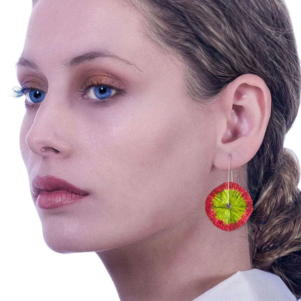 Handmade Flower Earrings Made From Papier-Mâché Magenta Green