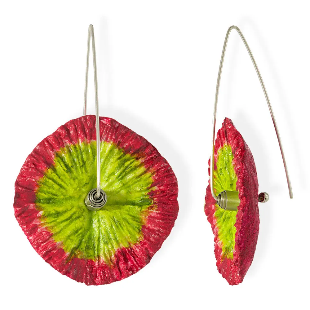 Handmade Flower Earrings Made From Papier-Mâché Magenta Green