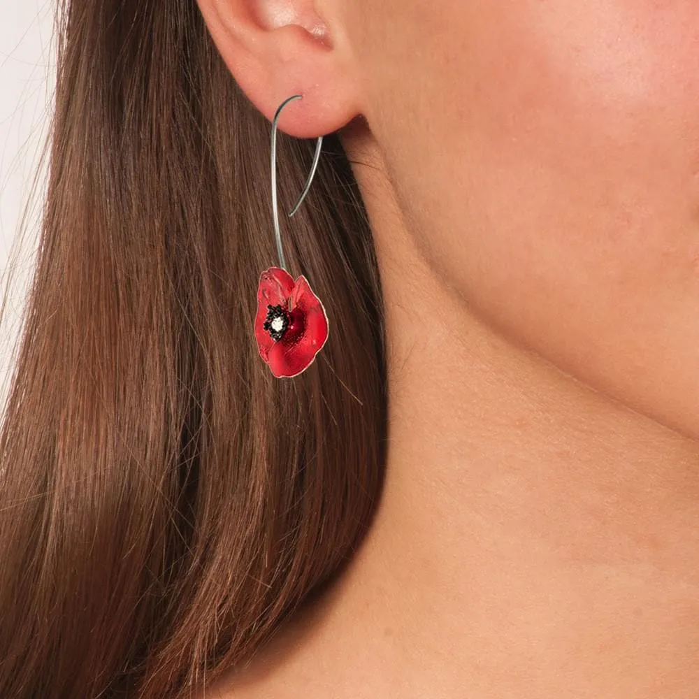 Handmade Silver Red Poppy Flower Drop Earrings