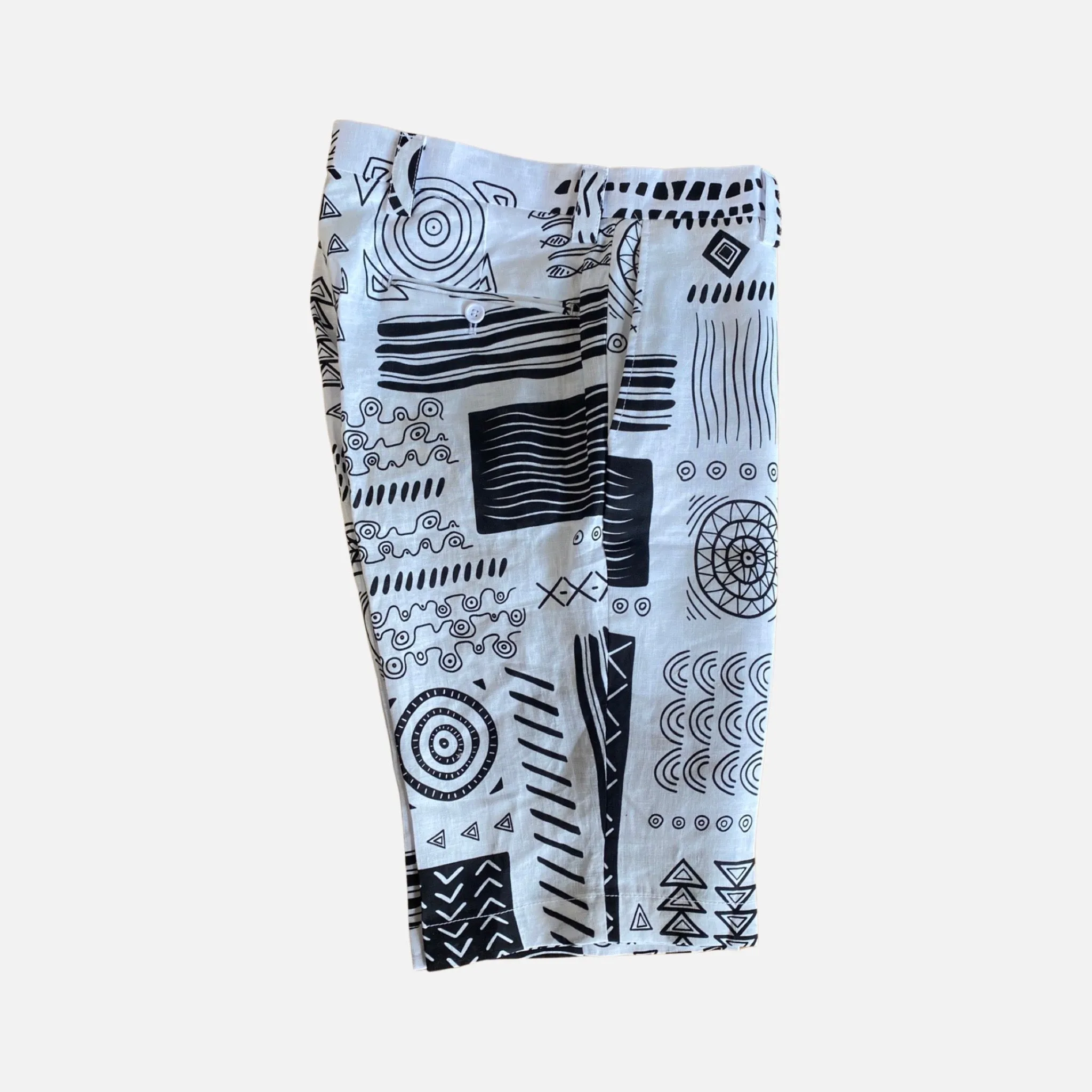 Inserch Linen Shorts ST913: White with Black Abstract Design