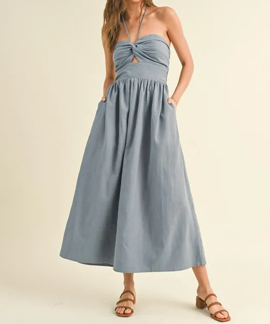 Knotted Front Halter Neck Dress - Blue