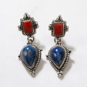 Lapis & Red Coral Navajo USA Native American Made 925 Sterling Silver Earrings with Stud Backing