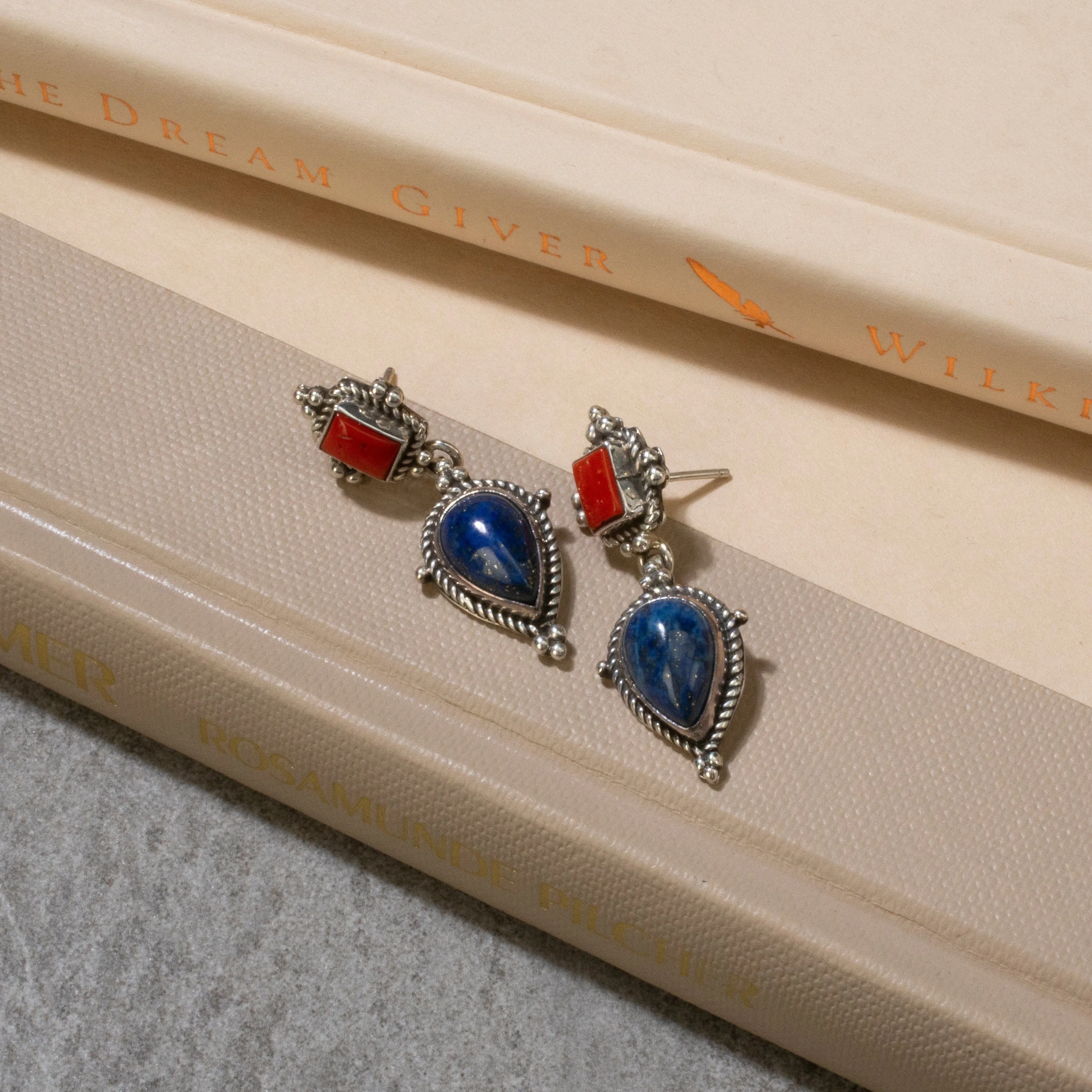 Lapis & Red Coral Navajo USA Native American Made 925 Sterling Silver Earrings with Stud Backing