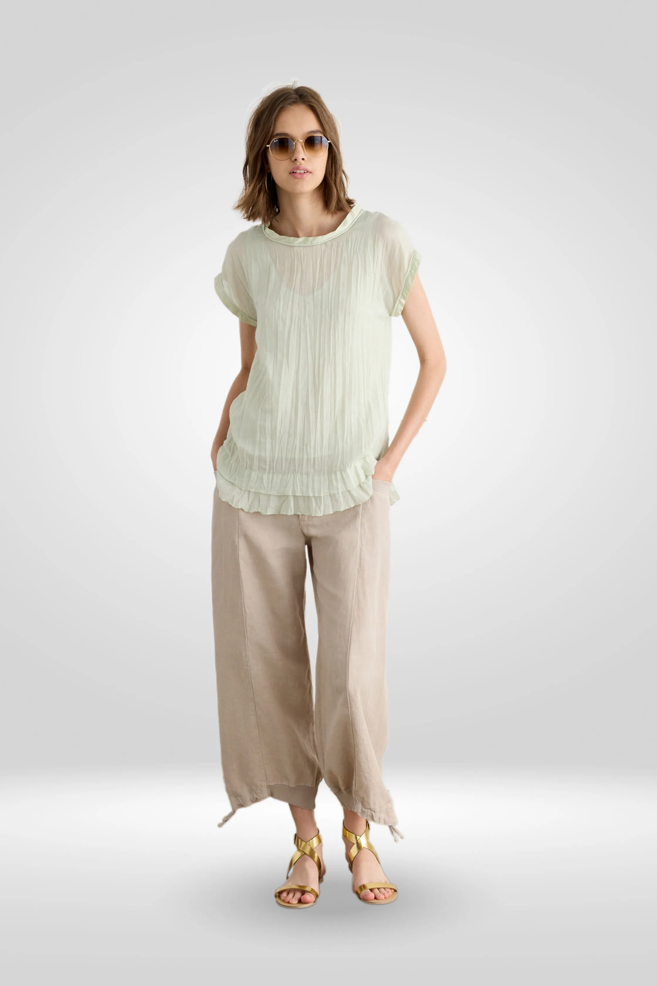 Linen and Lyocell Pants with Drawstring Garment-Dyed 06MU 7049