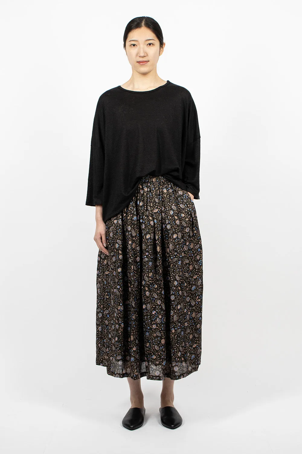 Linen Floral Pattern Skirt Black