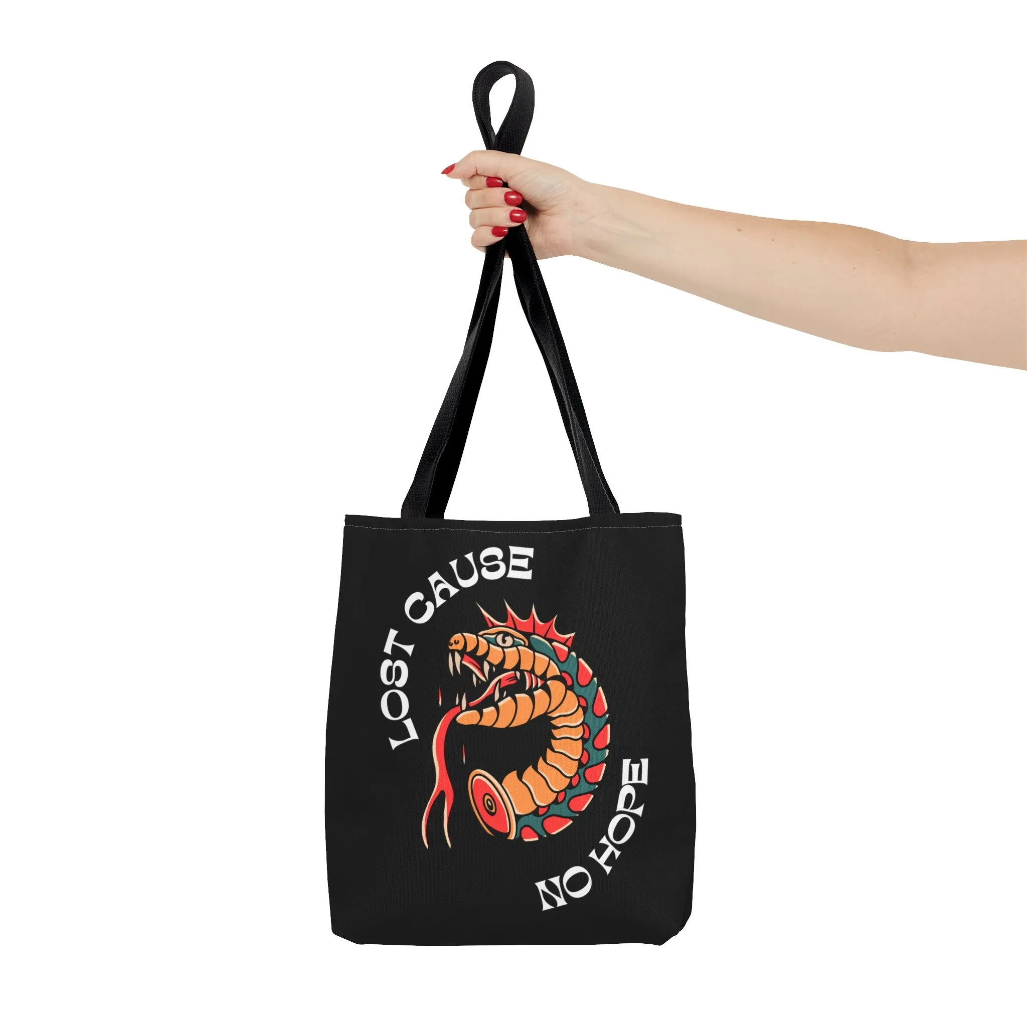 Lost Cause No Hope Snake Head Tattoo Tote Bag in Black