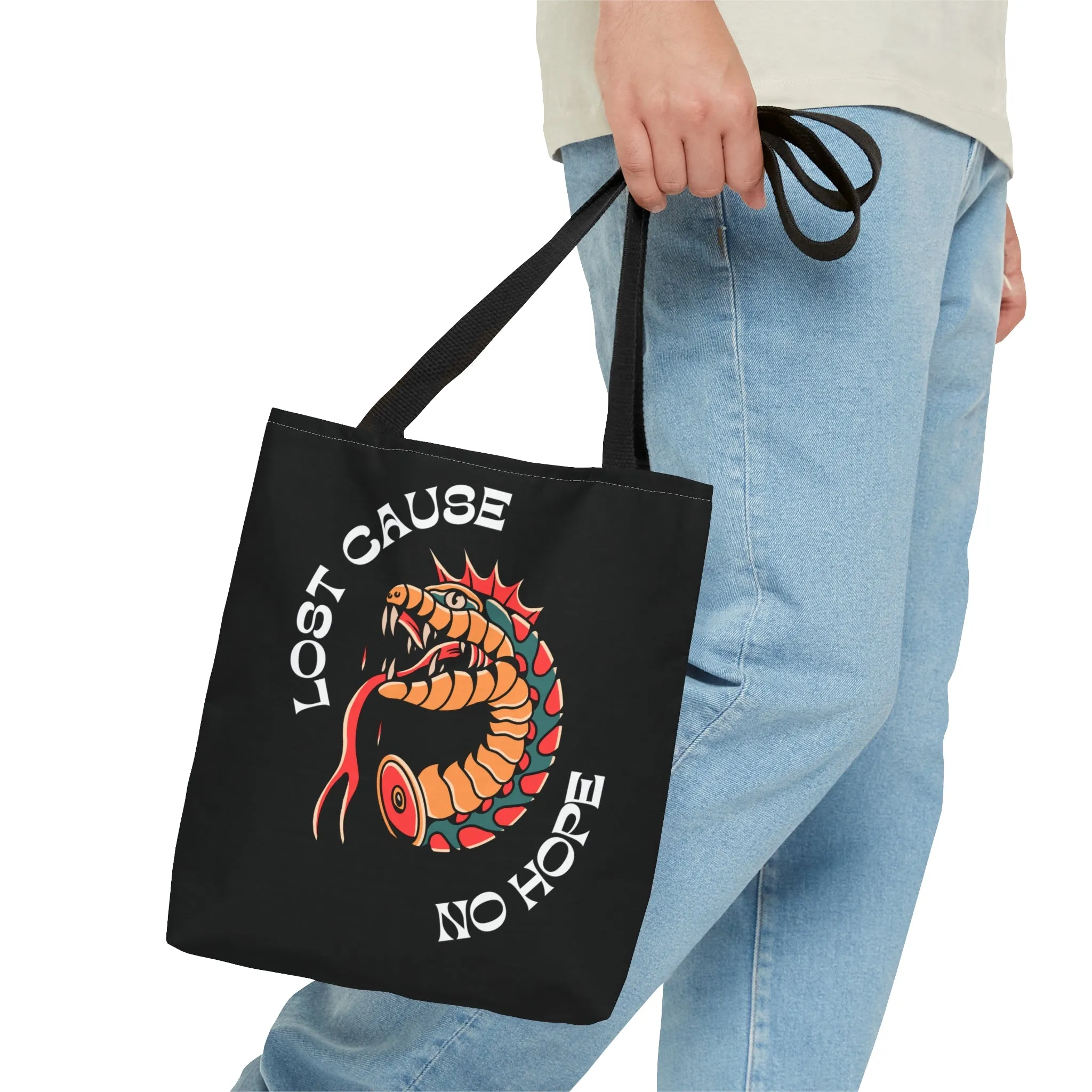 Lost Cause No Hope Snake Head Tattoo Tote Bag in Black