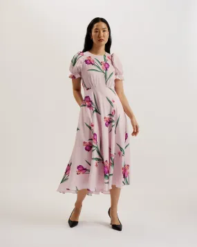 Meriel Midi Tea Dress With Puff Sleeves Lt-Pink