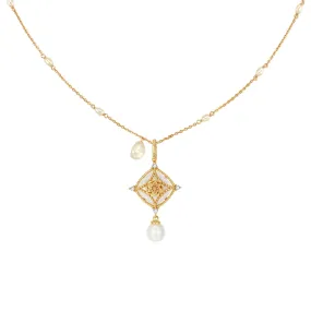 Moonstone & Freshwater Pearl Gold Necklace - Water Lily