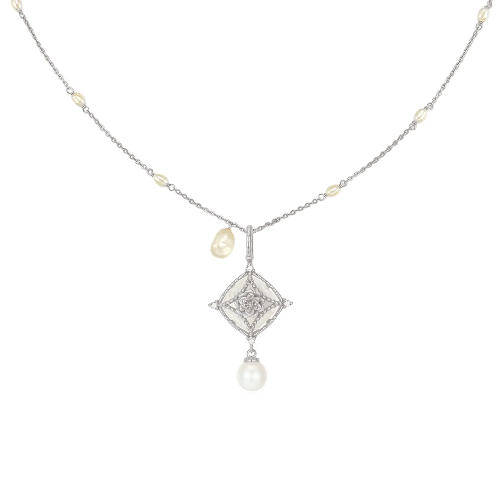 Moonstone & Freshwater Pearl Silver Necklace - Water Lily