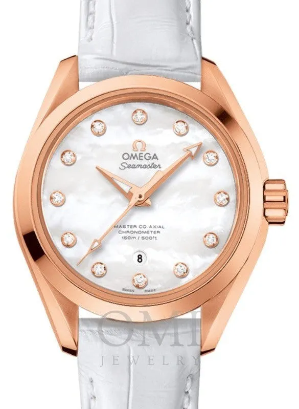 OMEGA SEAMASTER AQUA TERRA 150M MASTER CO-AXIAL CHRONOMETER 34MM SEDNA GOLD WHITE MOTHER OF PEARL DIAL DIAMOND SET INDEX ALLIGATOR 231.53.34.20.55.001 WITH ALLIGATOR LEATHER STRAP