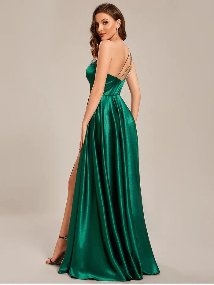 One Shoulder A-Line Floor Length Sleeveless Fit Satin Custom Evening Dress