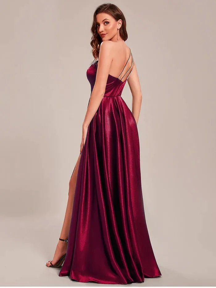 One Shoulder A-Line Floor Length Sleeveless Fit Satin Custom Evening Dress