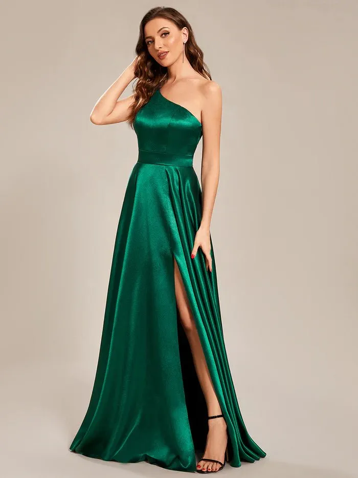 One Shoulder A-Line Floor Length Sleeveless Fit Satin Custom Evening Dress