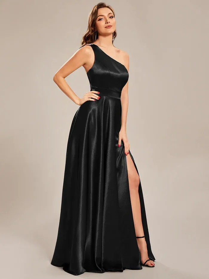 One Shoulder A-Line Floor Length Sleeveless Fit Satin Custom Evening Dress