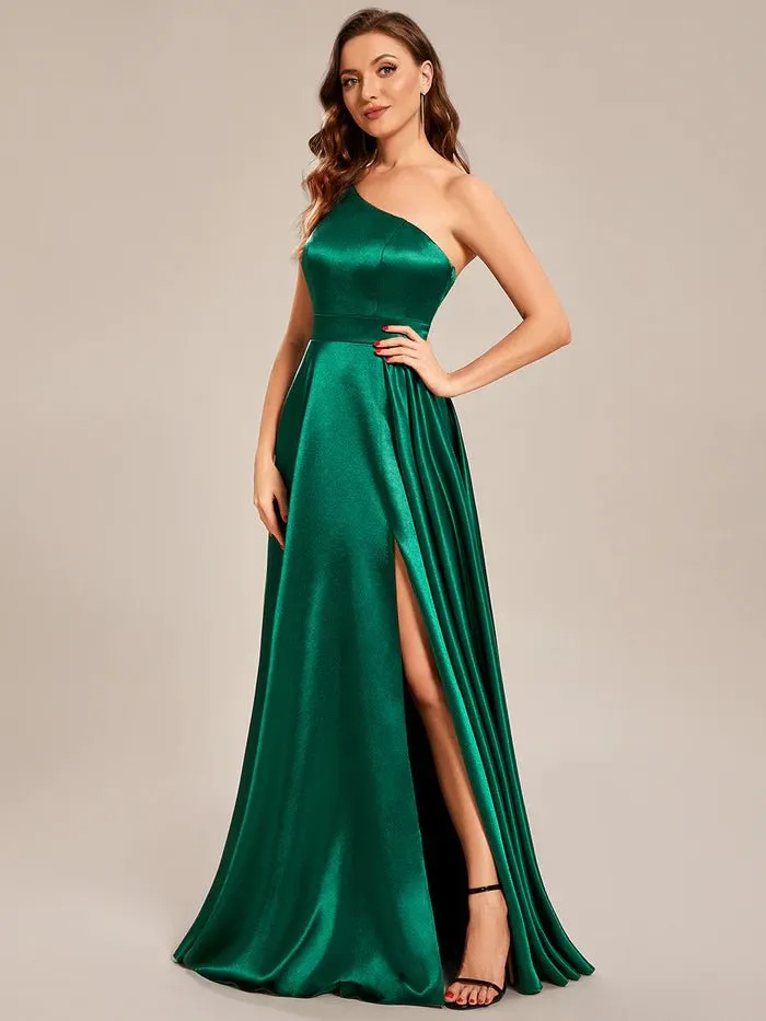 One Shoulder A-Line Floor Length Sleeveless Fit Satin Custom Evening Dress