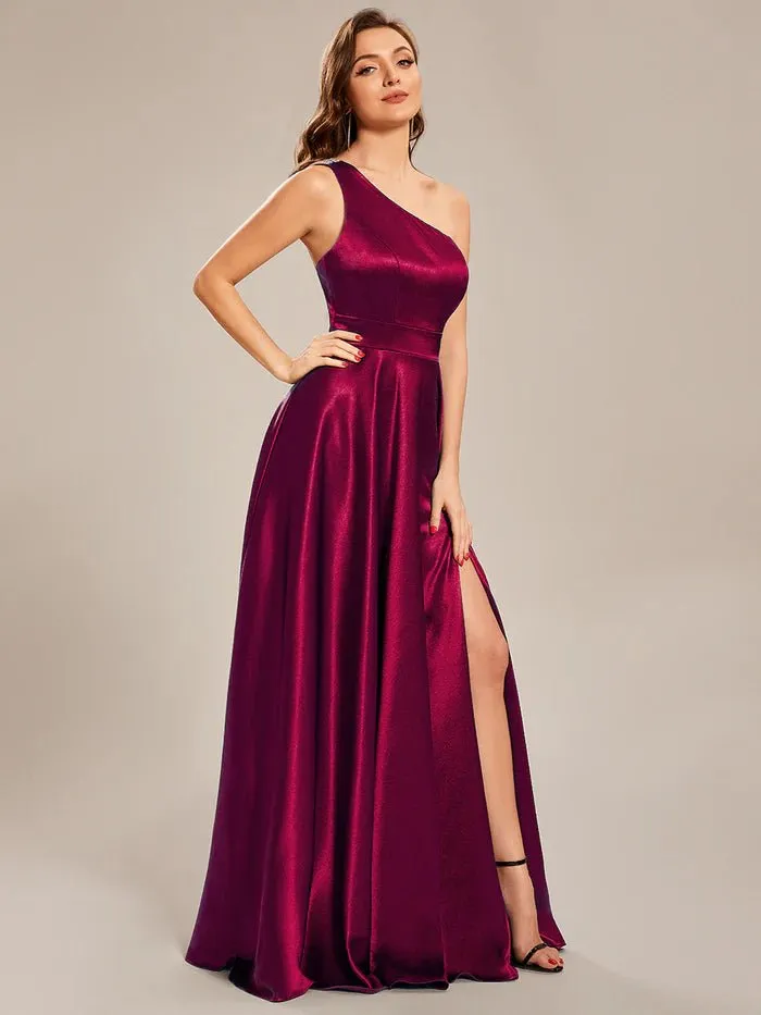 One Shoulder A-Line Floor Length Sleeveless Fit Satin Custom Evening Dress