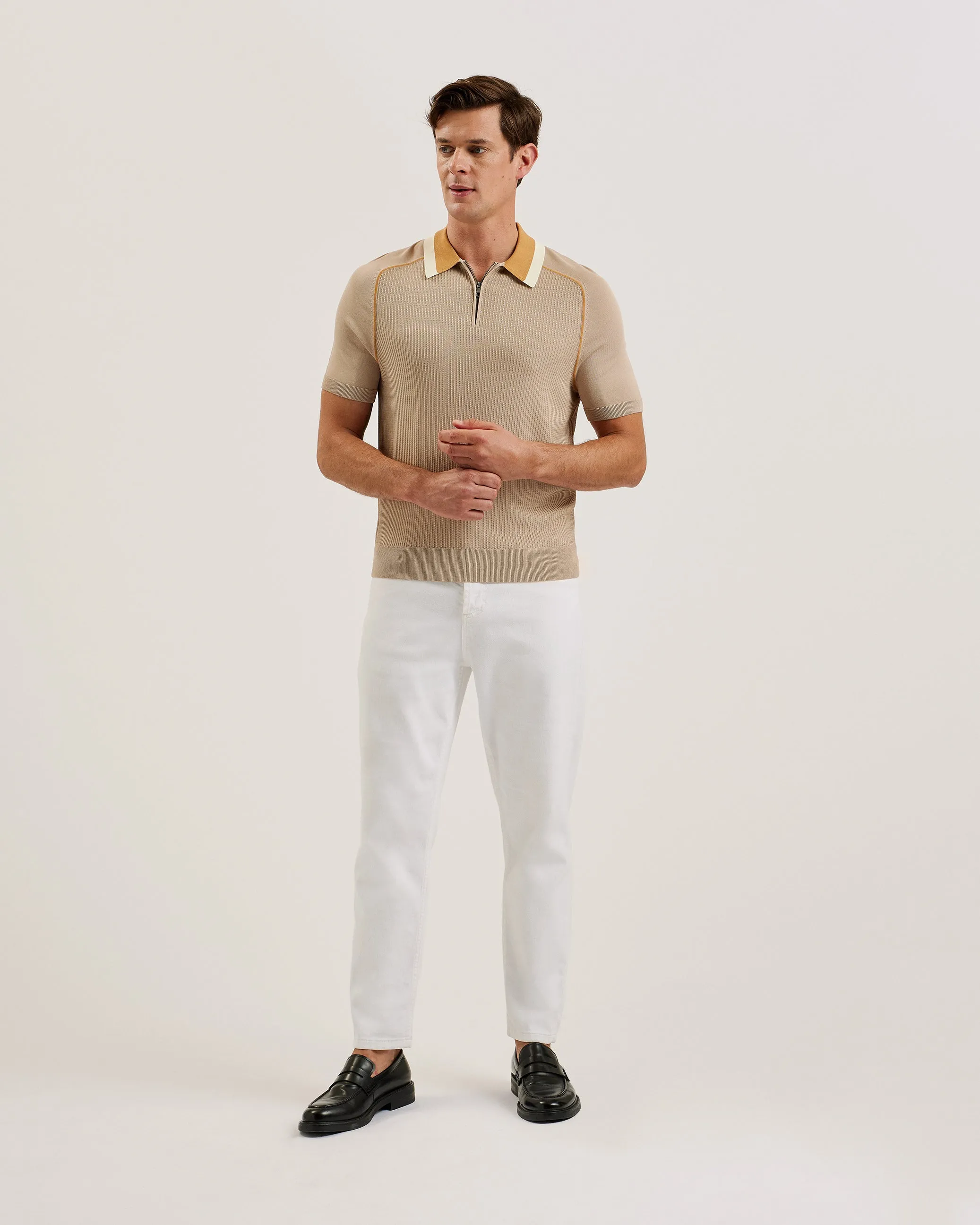 Paxto Ss Regular Textured Zip Polo Taupe