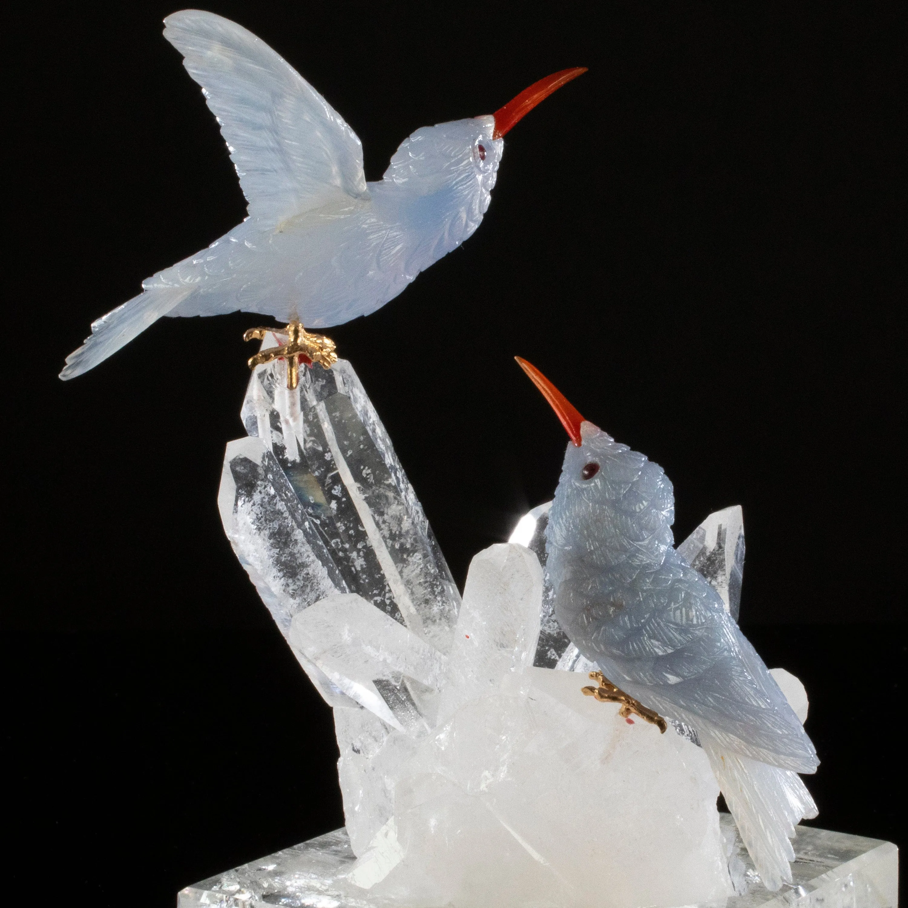 Peter Muller Chalcedony Hummingbird Couple Love Bird Carving on Clear Quartz Point Cluster