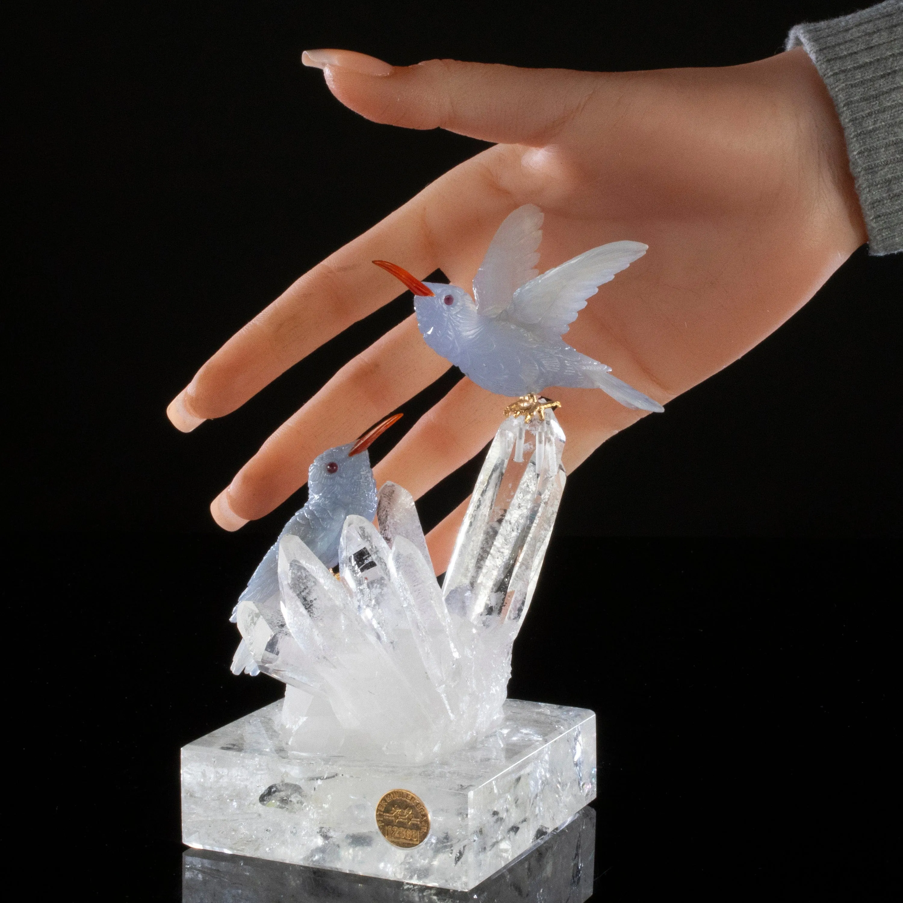 Peter Muller Chalcedony Hummingbird Couple Love Bird Carving on Clear Quartz Point Cluster