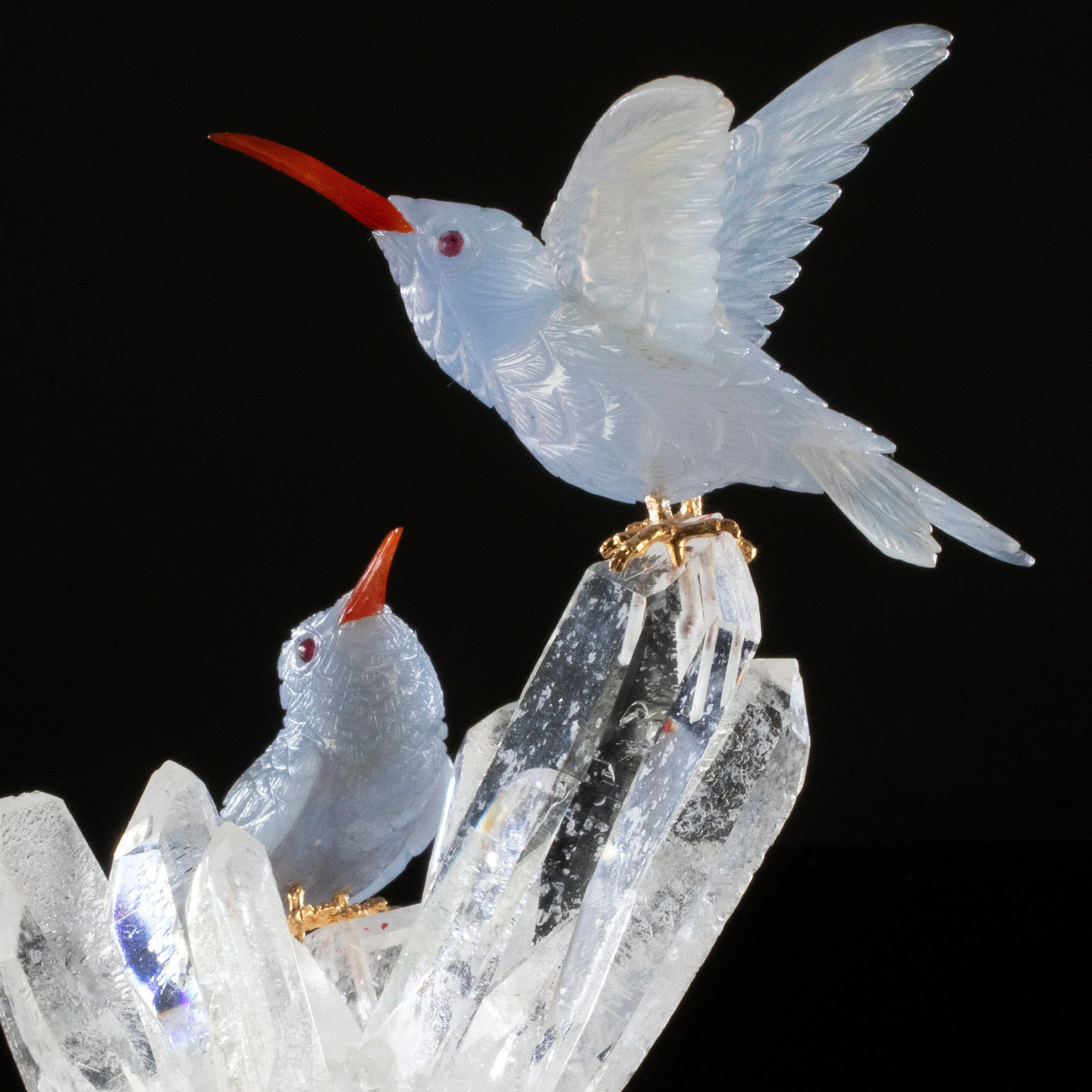 Peter Muller Chalcedony Hummingbird Couple Love Bird Carving on Clear Quartz Point Cluster