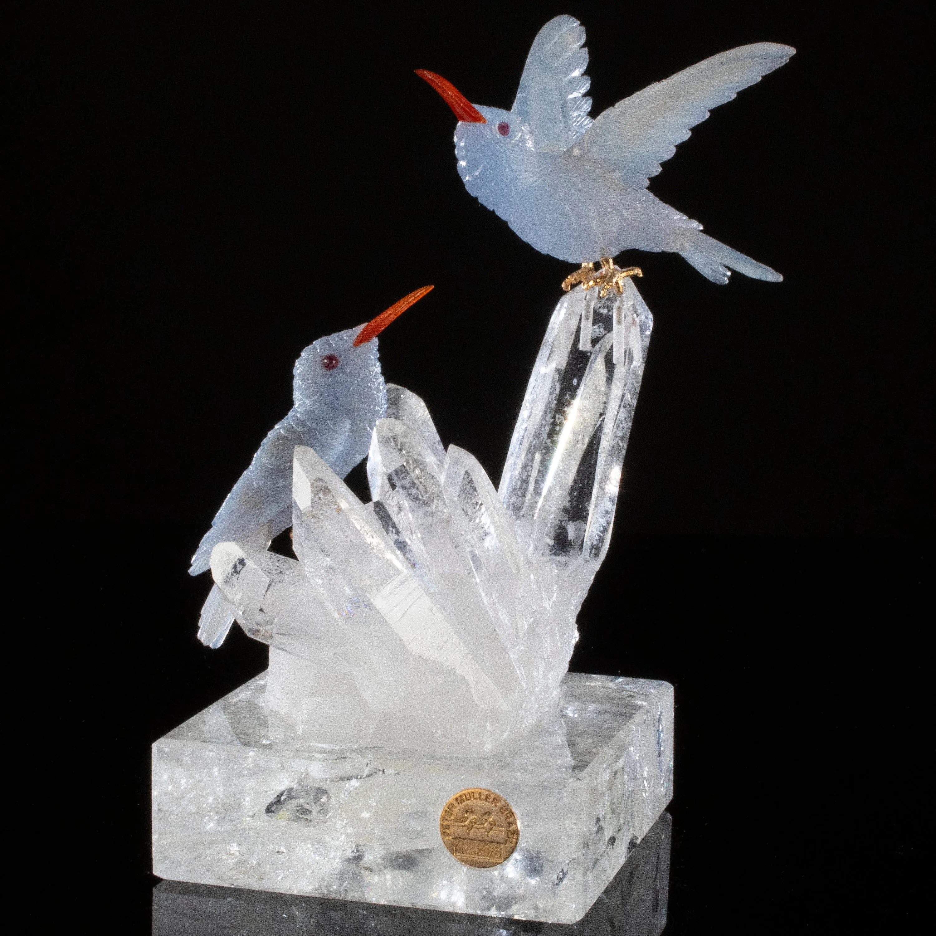 Peter Muller Chalcedony Hummingbird Couple Love Bird Carving on Clear Quartz Point Cluster