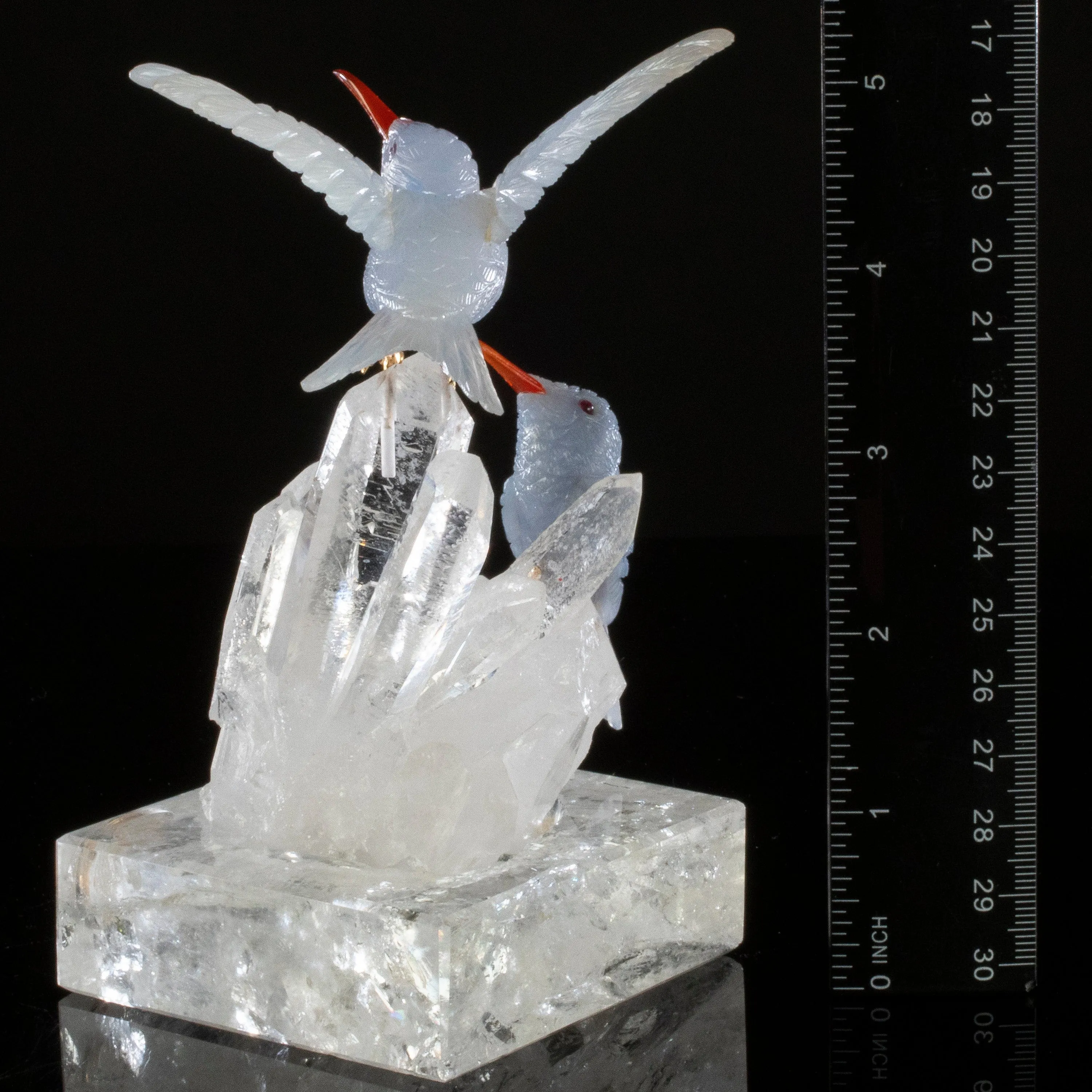 Peter Muller Chalcedony Hummingbird Couple Love Bird Carving on Clear Quartz Point Cluster