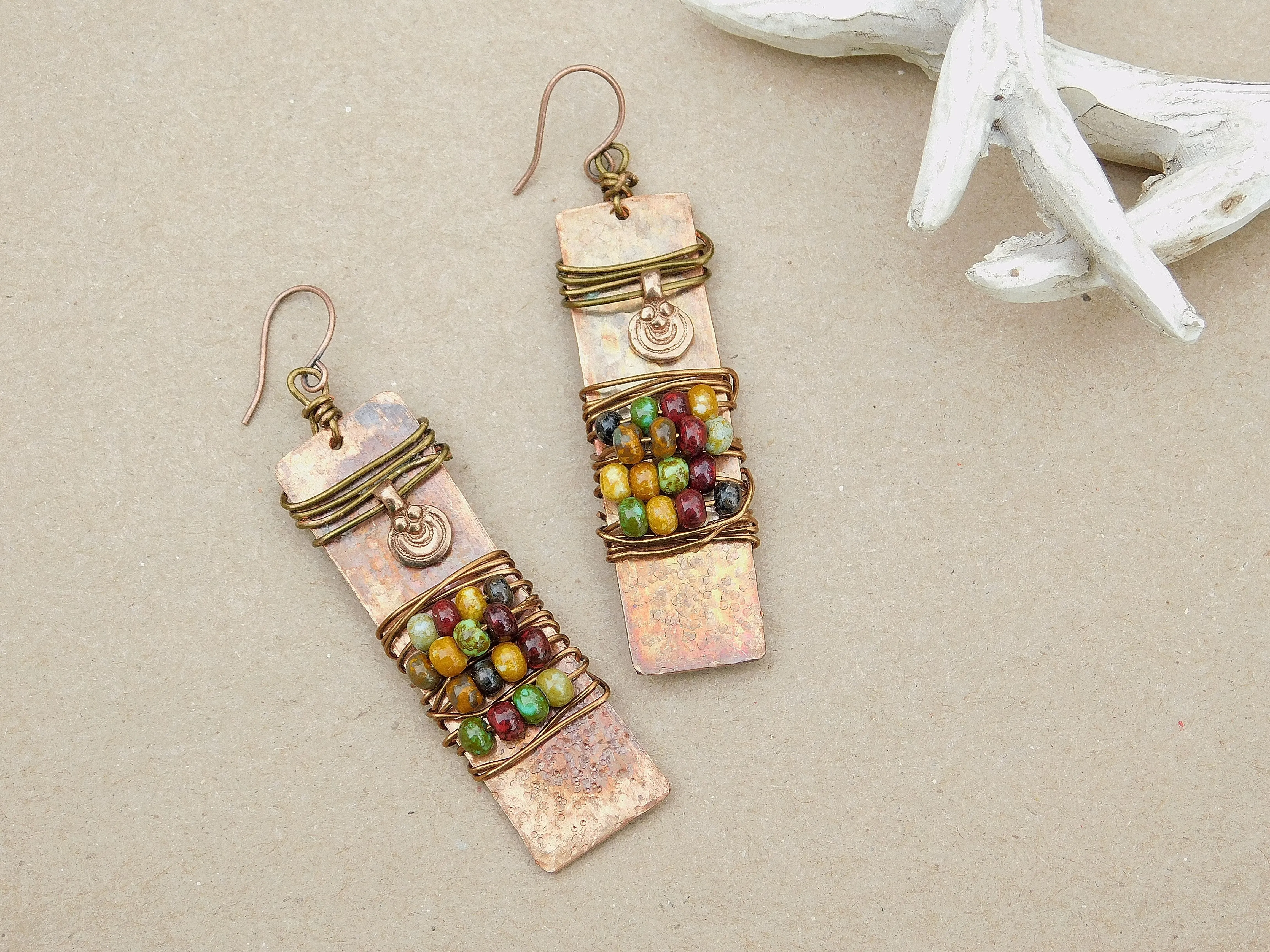 Picasso Czech Hammered Copper Earrings