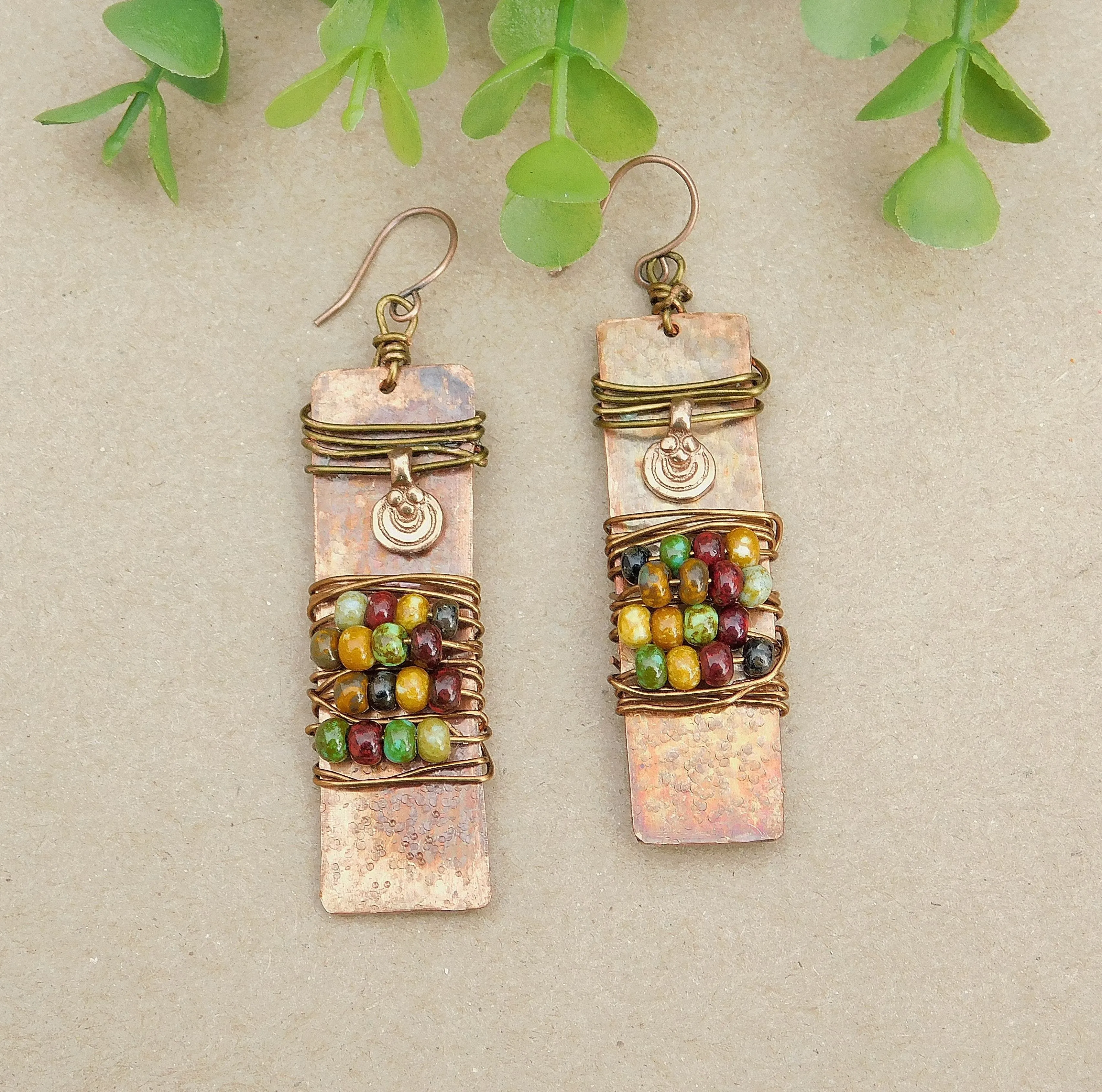 Picasso Czech Hammered Copper Earrings