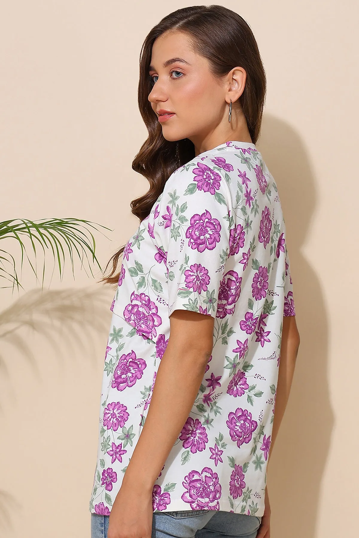 Purple Floral Printed 100% Soft Cotton Zipless Maternity Feeding Top