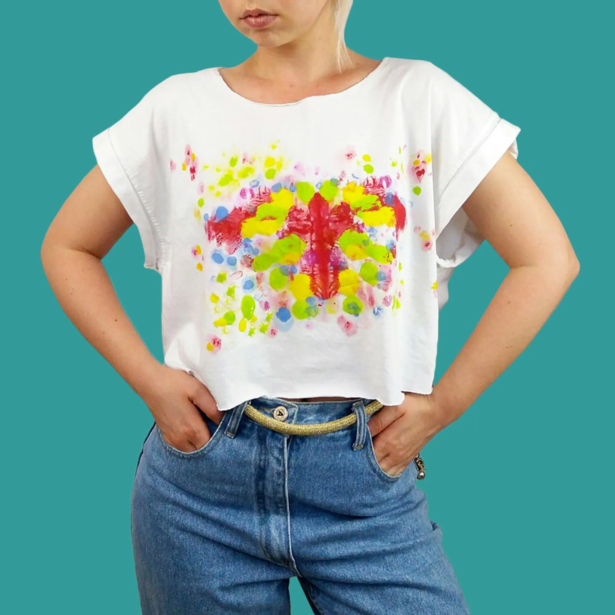 Reworked Hand-painted Rorschach  Crop Top White