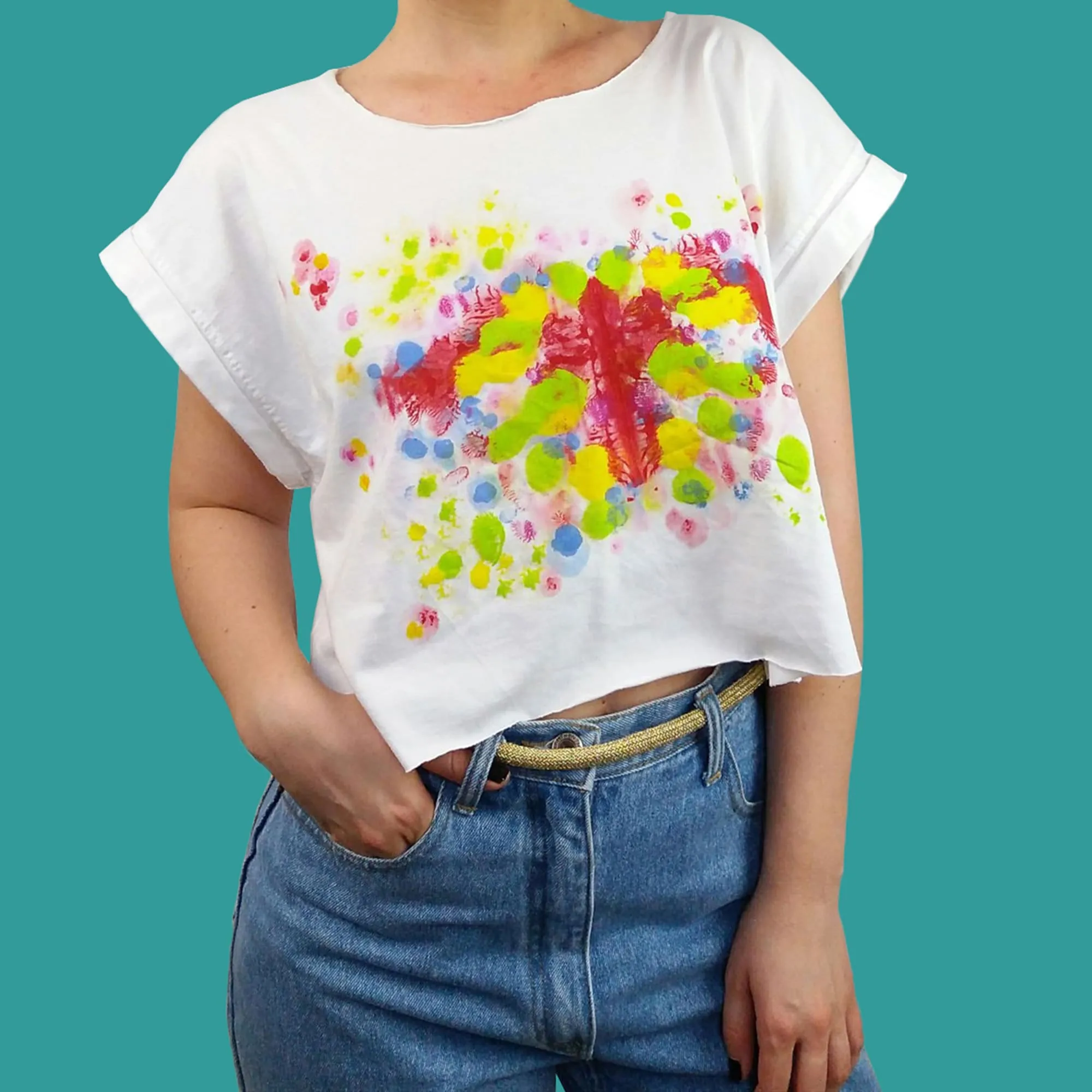 Reworked Hand-painted Rorschach  Crop Top White