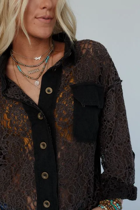 Sheer Romance Button Down Top - Black