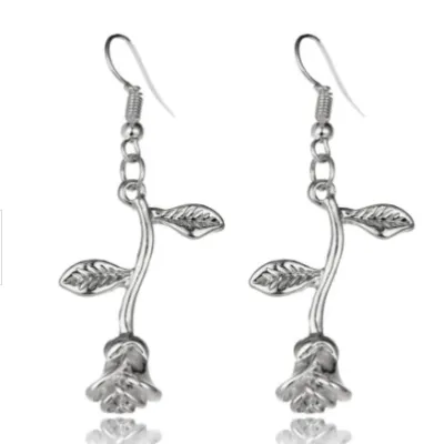 Silver Rose Earrings Flower Dangle Drop