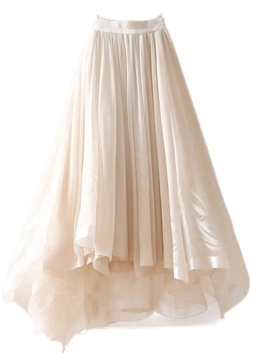 Simple Beige Asymmetrical Wrinkled Elastic Waist Chiffon Skirt Summer AB1013