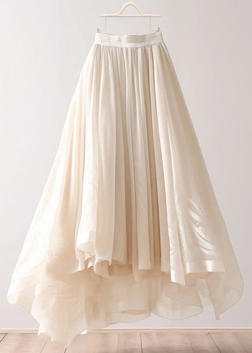 Simple Beige Asymmetrical Wrinkled Elastic Waist Chiffon Skirt Summer AB1013