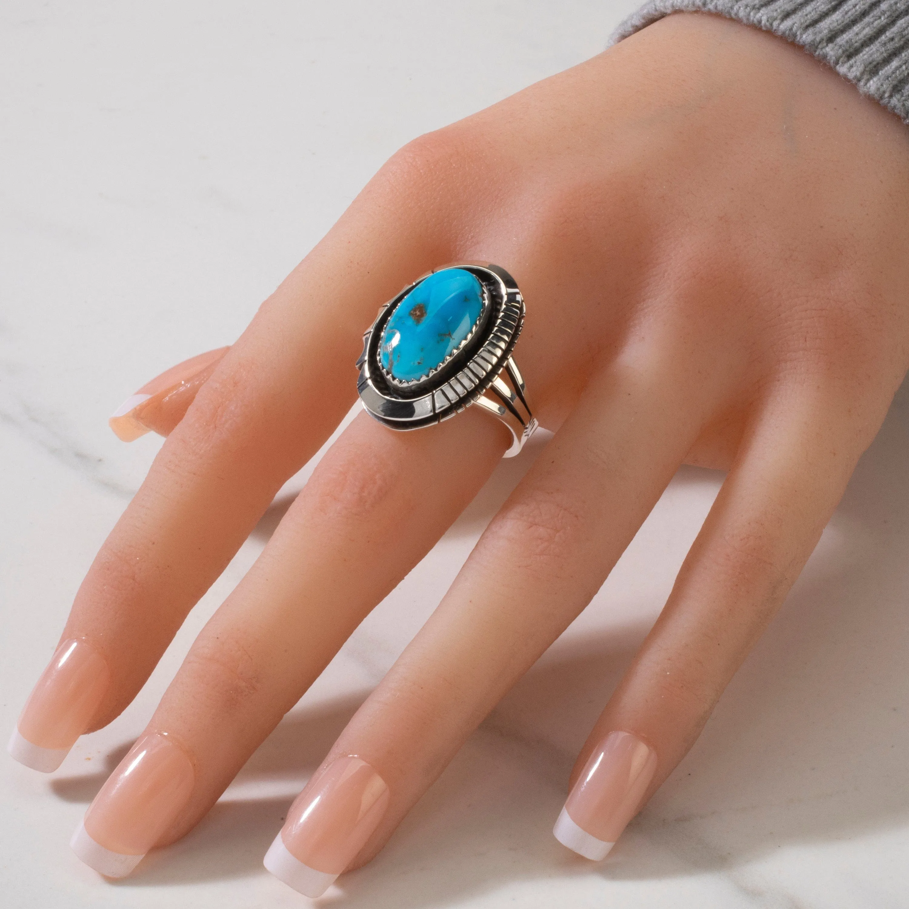 Sleeping Beauty Turquoise Navajo USA Native American Made 925 Sterling Silver Ring