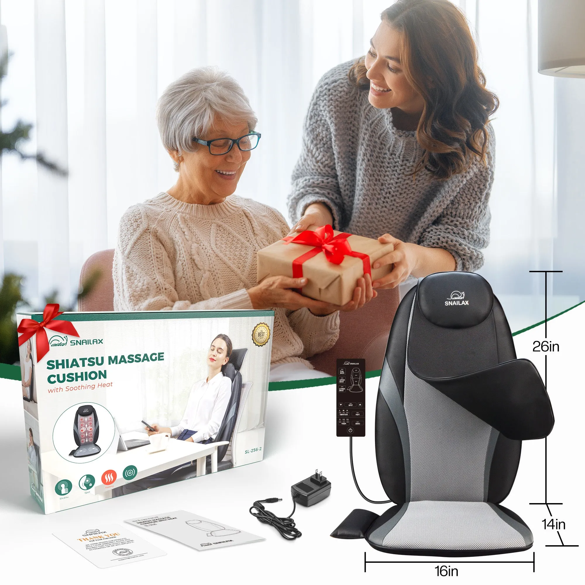 Snailax Shiatsu Back Massager with Heat & Vibration,Massage Seat Cushion (Colored packaging)- SL-256-2