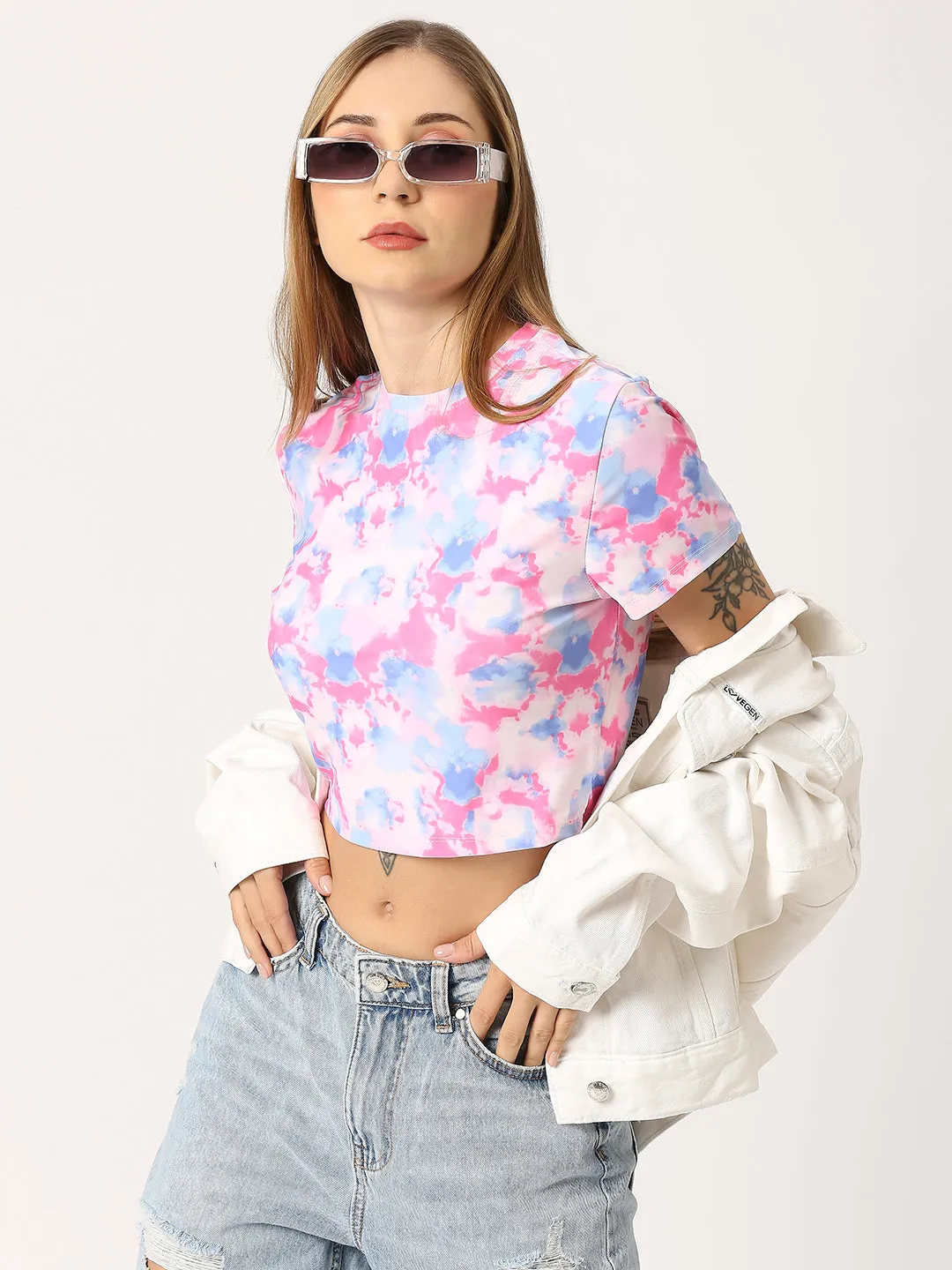 Snow Round Neck Short Sleeve Fitted Crop Top