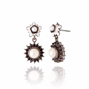 Sterling Silver Statement Earrings With White Enamel, Black Spinel & White Pearl