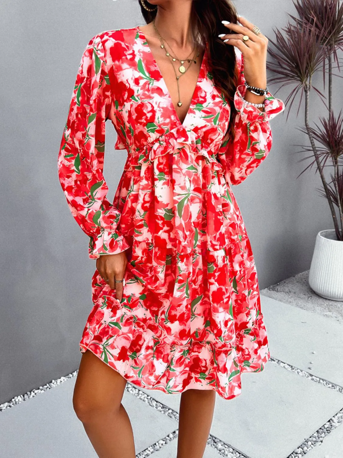 Sunset Vacation Backless Printed V-Neck Flounce Sleeve Dress