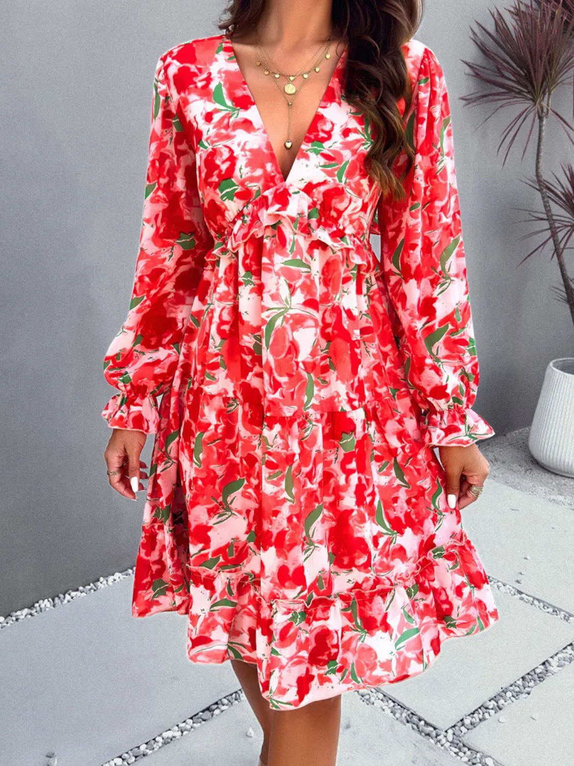 Sunset Vacation Backless Printed V-Neck Flounce Sleeve Dress