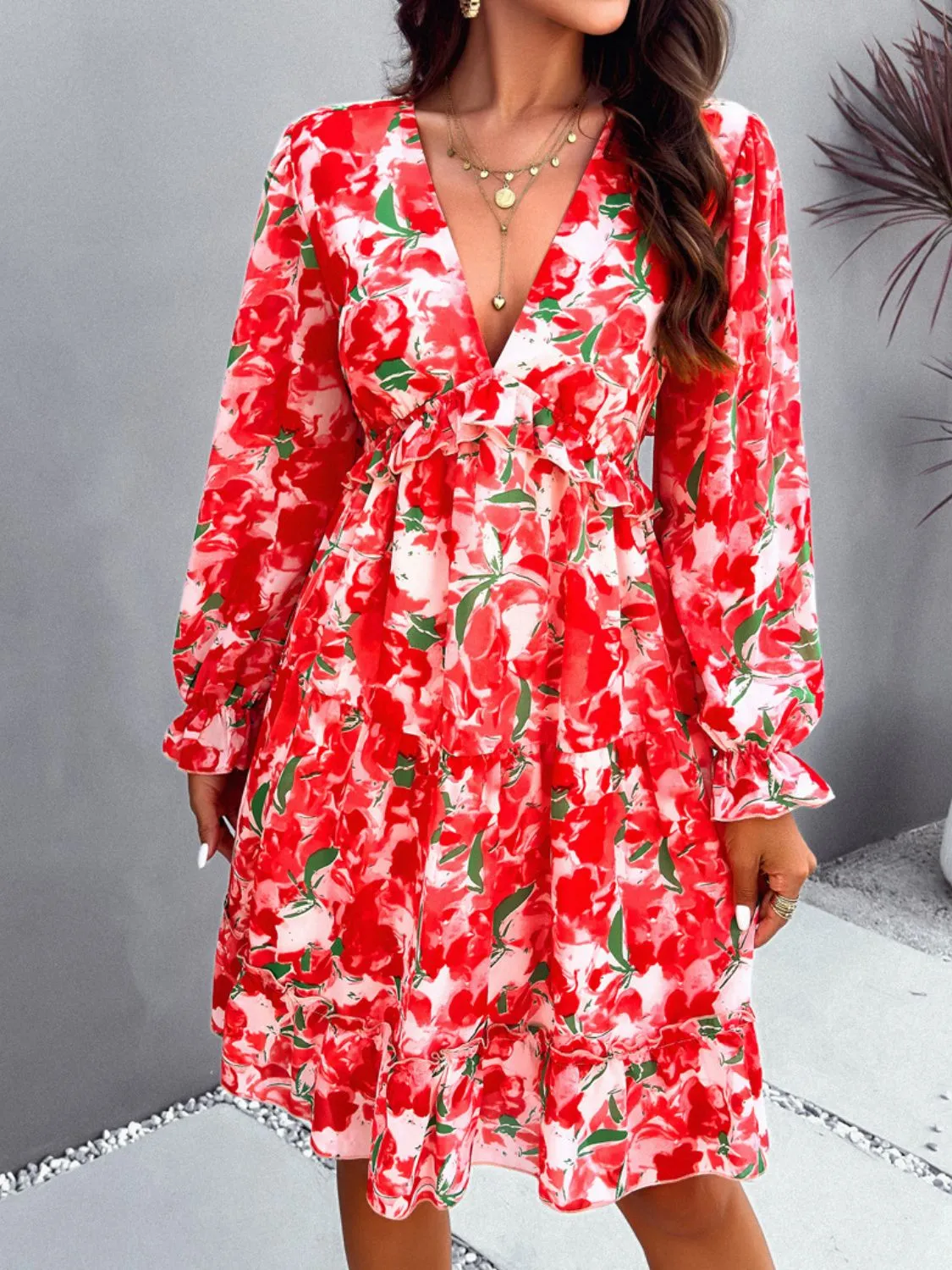 Sunset Vacation Backless Printed V-Neck Flounce Sleeve Dress