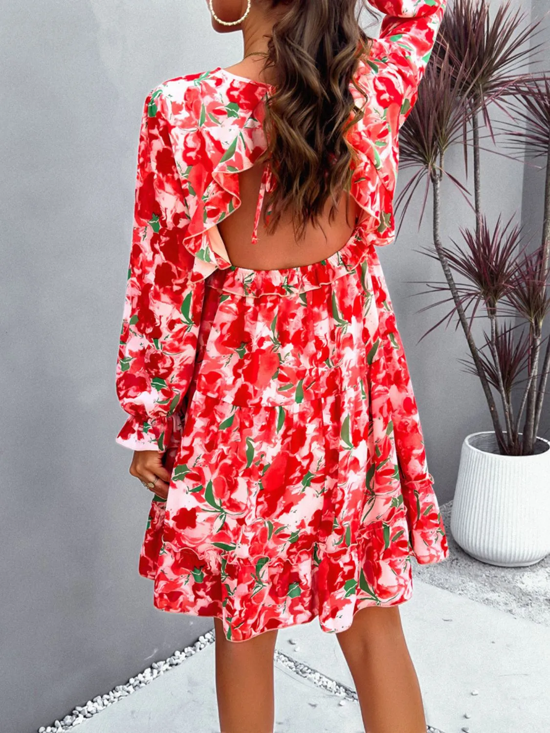 Sunset Vacation Backless Printed V-Neck Flounce Sleeve Dress