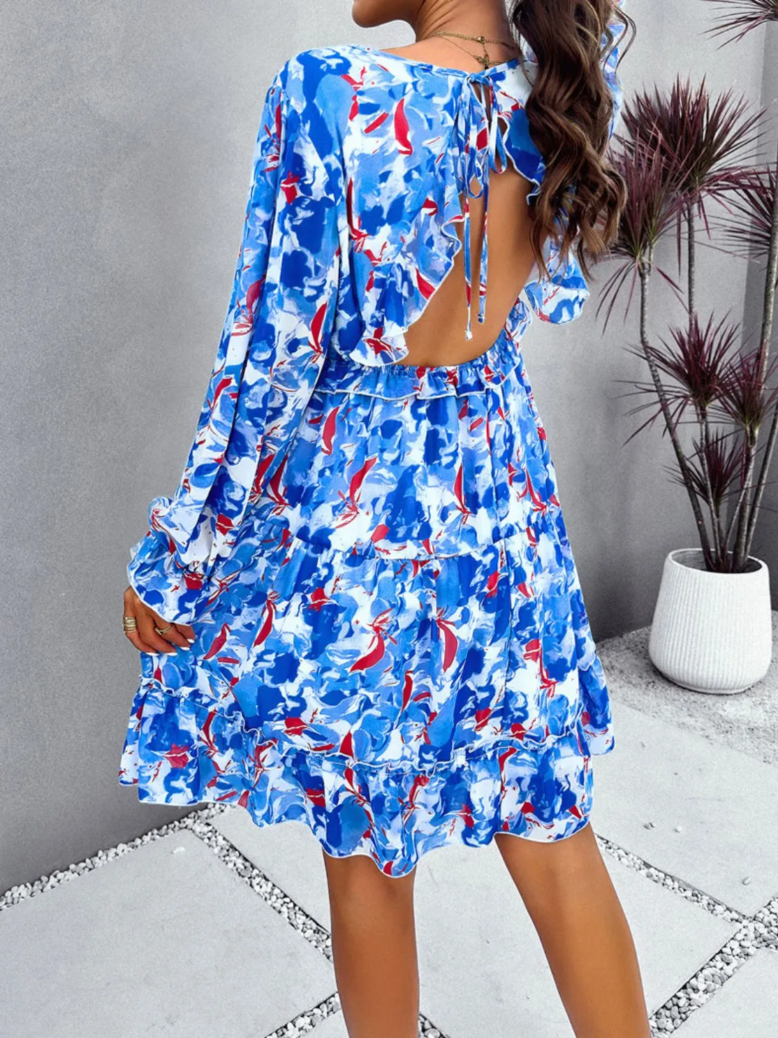 Sunset Vacation Backless Printed V-Neck Flounce Sleeve Dress