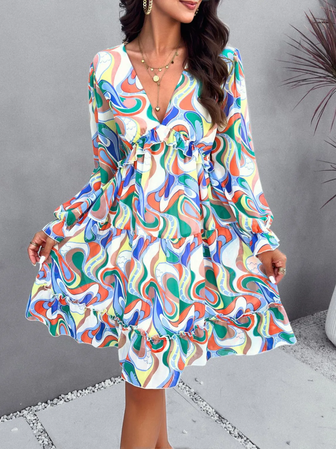 Sunset Vacation Backless Printed V-Neck Flounce Sleeve Dress