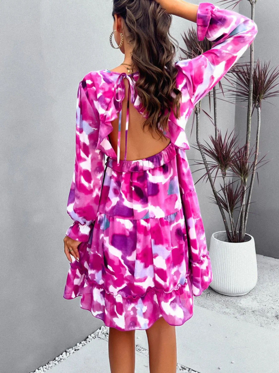 Sunset Vacation Backless Printed V-Neck Flounce Sleeve Dress