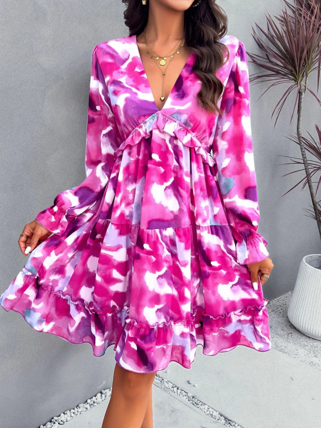 Sunset Vacation Backless Printed V-Neck Flounce Sleeve Dress