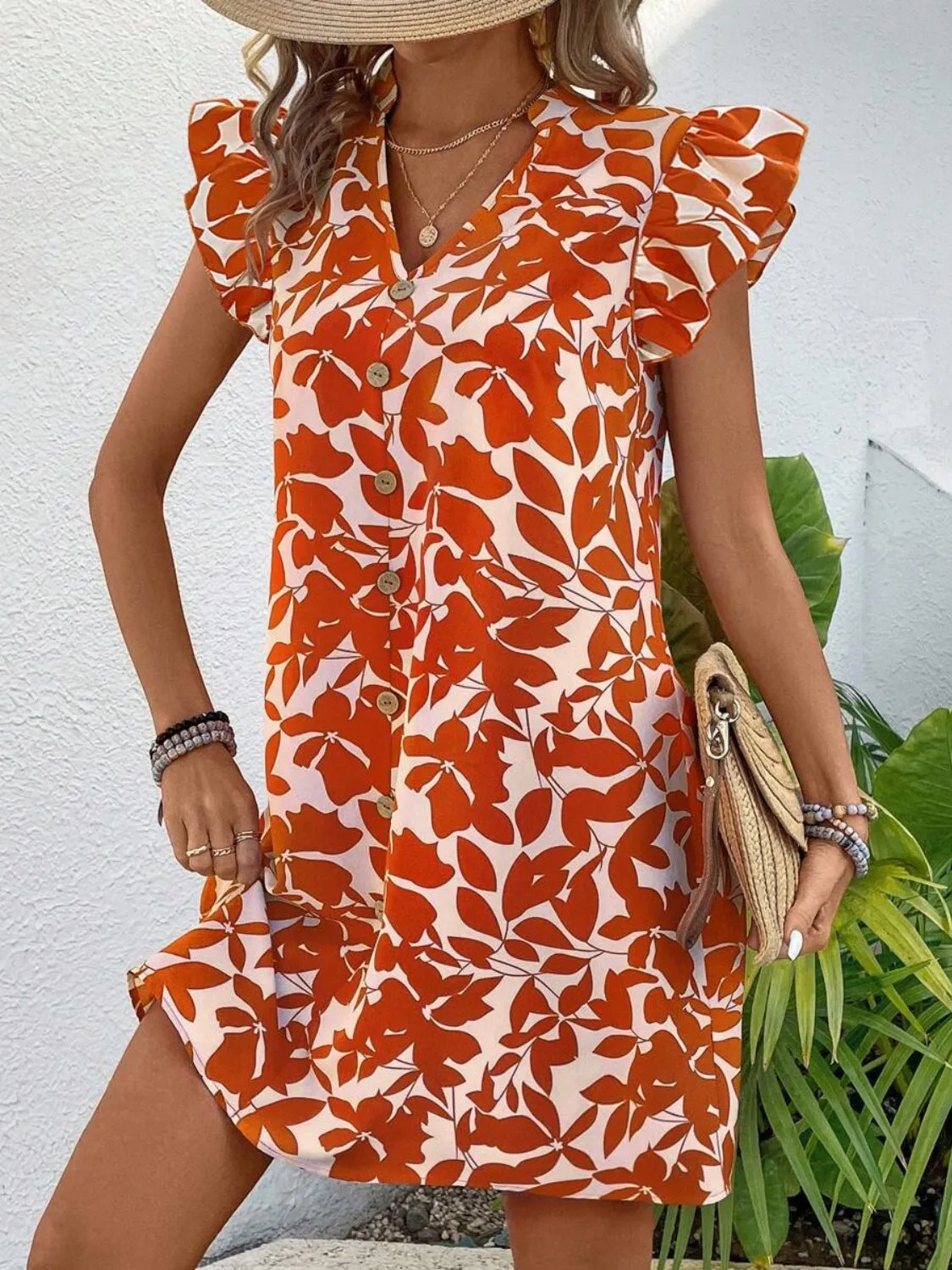 Sunset Vacation Printed Notched Cap Sleeve Mini Dress