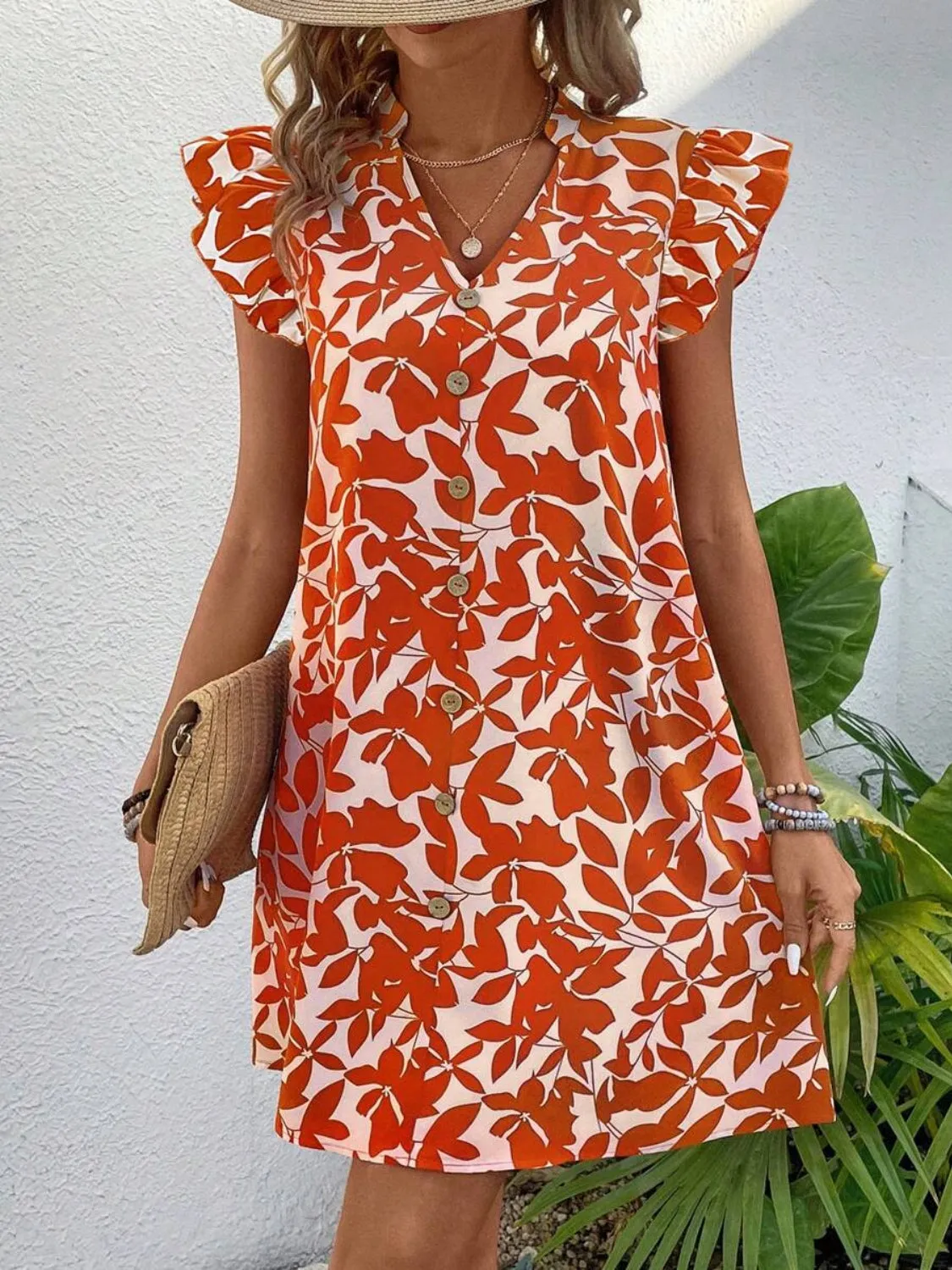 Sunset Vacation Printed Notched Cap Sleeve Mini Dress